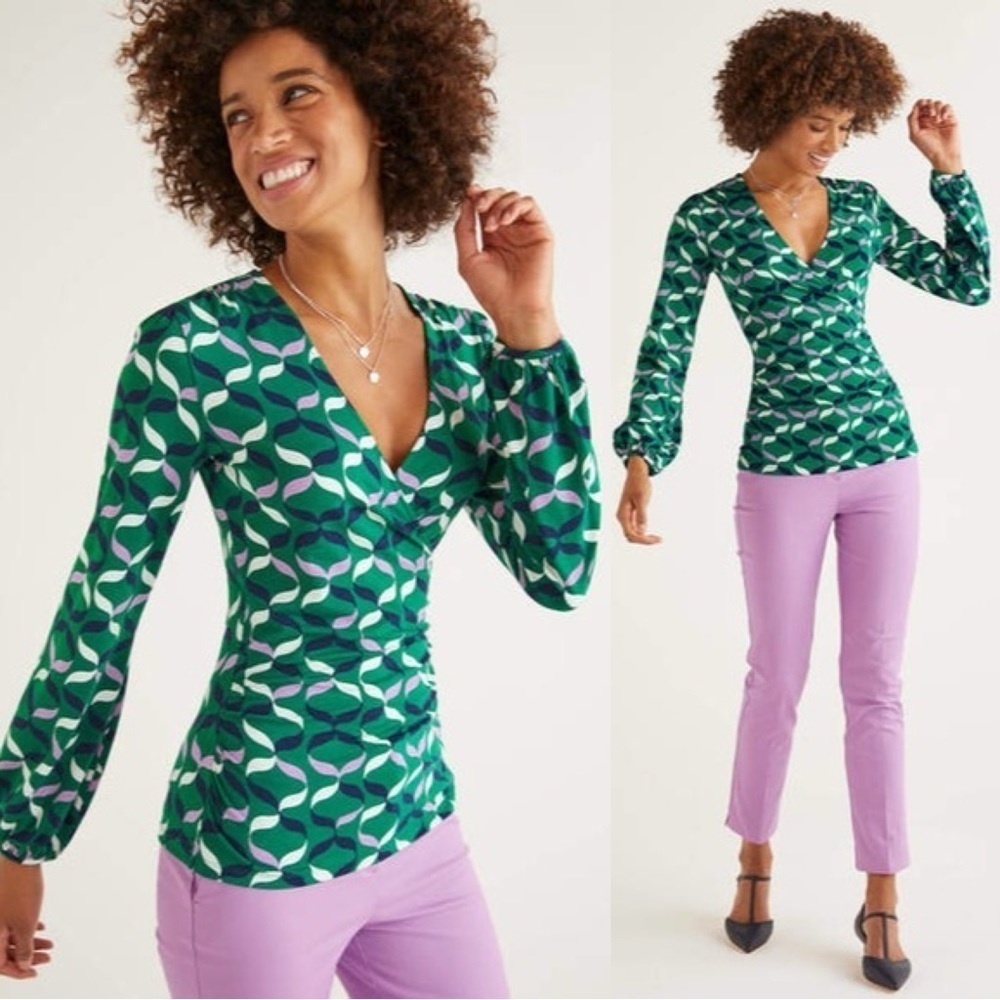 Boden • Elodie Jersey Wrap Top green surplice knit Forest Ribbons pink